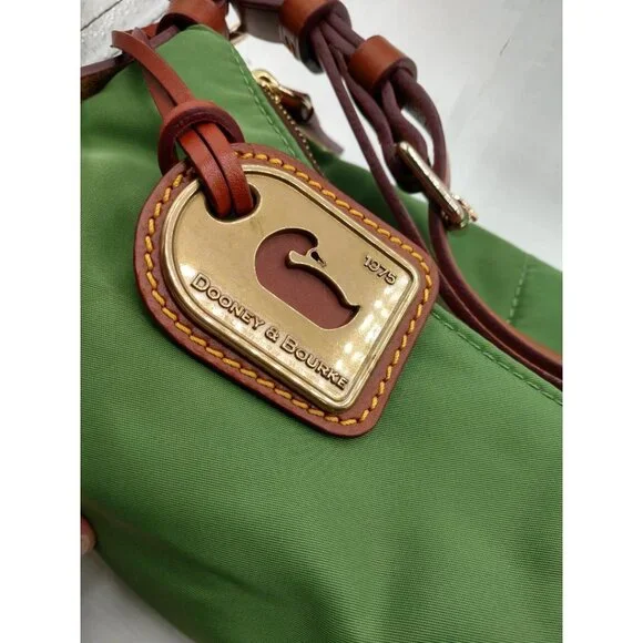 NWT Dooney & Bourke Green Nylon Hobo Shoulder Bag W/ Brown Leather Trim & Zipper